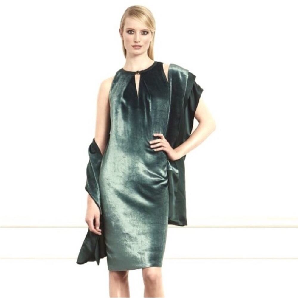 Worth Spruce Green Velvet Gold Buckle Keyhole Neck Cocktail Dress 6
